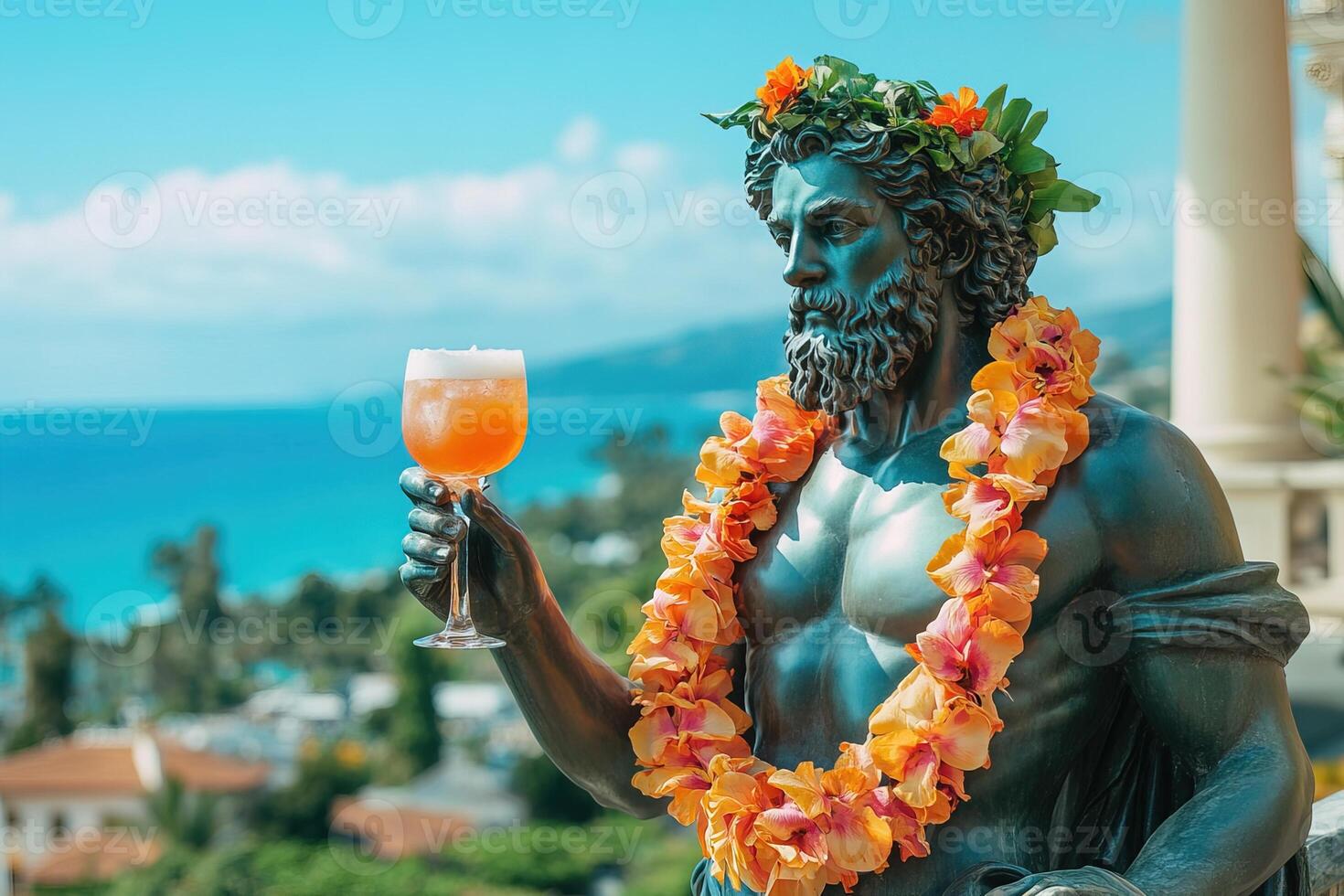 a male statue with a flower garland on his neck and a wreath on his head stands with a glass of delicious refreshing drink against the backdrop of the sea or ocean on a sunny hot summer day photo