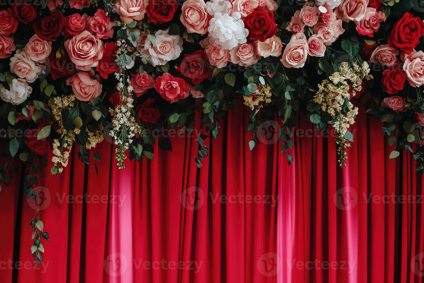 Charming event background with rich red curtain and gentle floral accents. flower arch design with copy space for weddings, anniversaries, postcard, greeting card and invitations photo