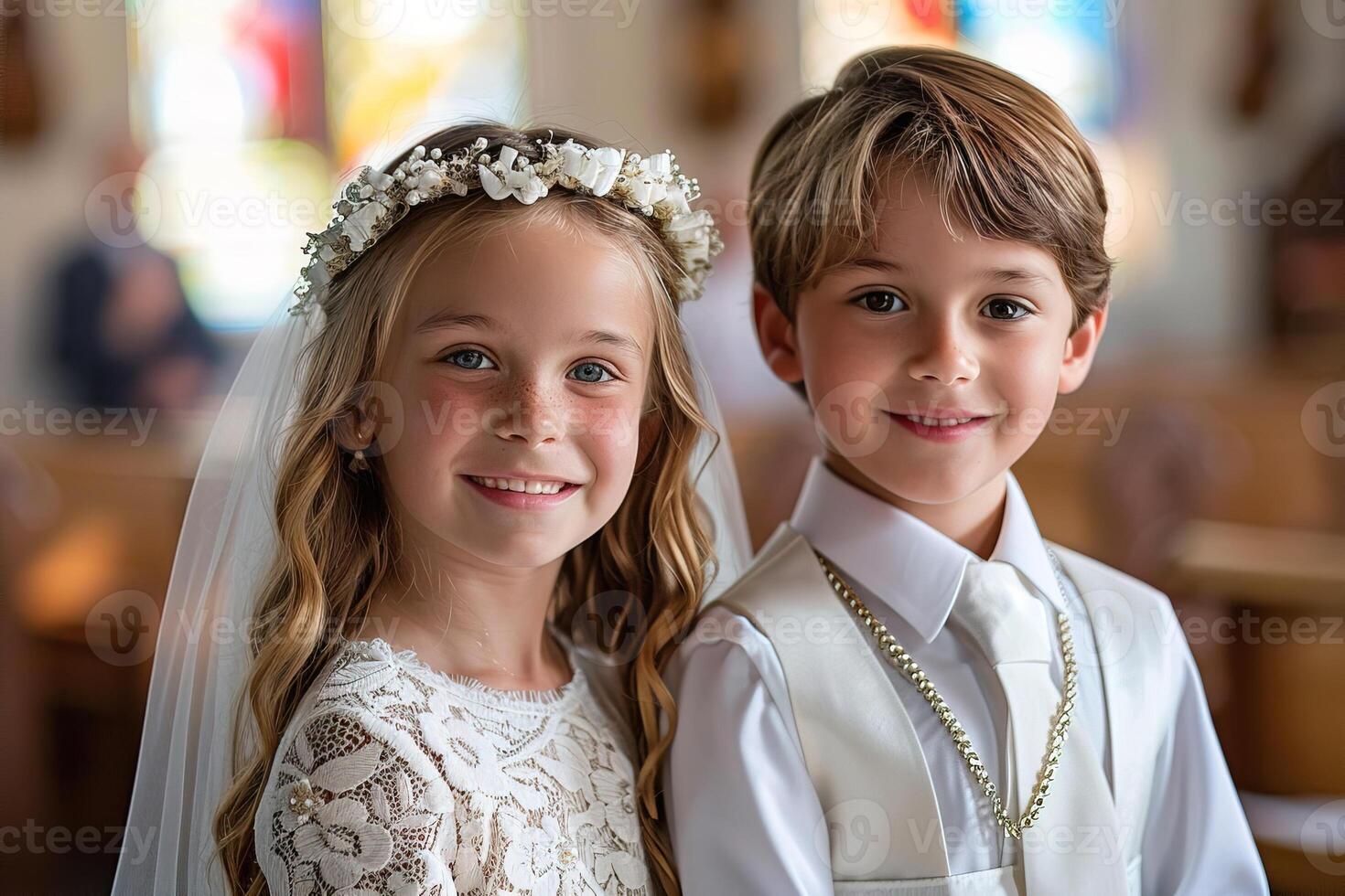 Heartwarming photo of young boy and girl dressed in formal attire celebrating their First Communion inside church. Captures a tender, spiritual, and joyful moment of religious tradition