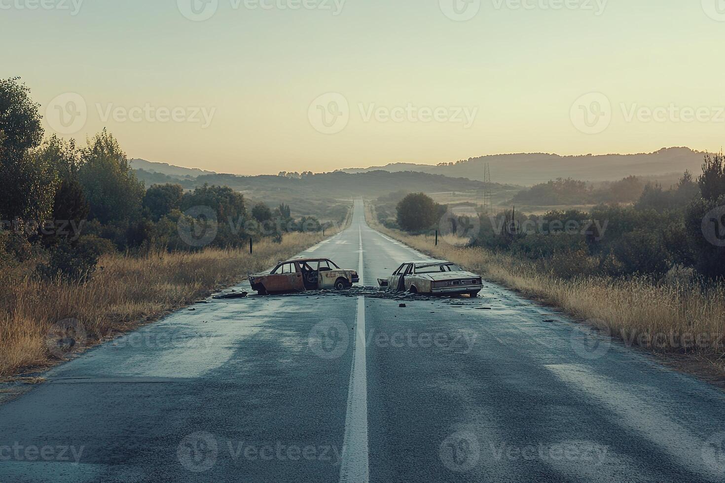 deserted highway with broken cars, surrounded by overgrown vegetation and a hazy horizon photo