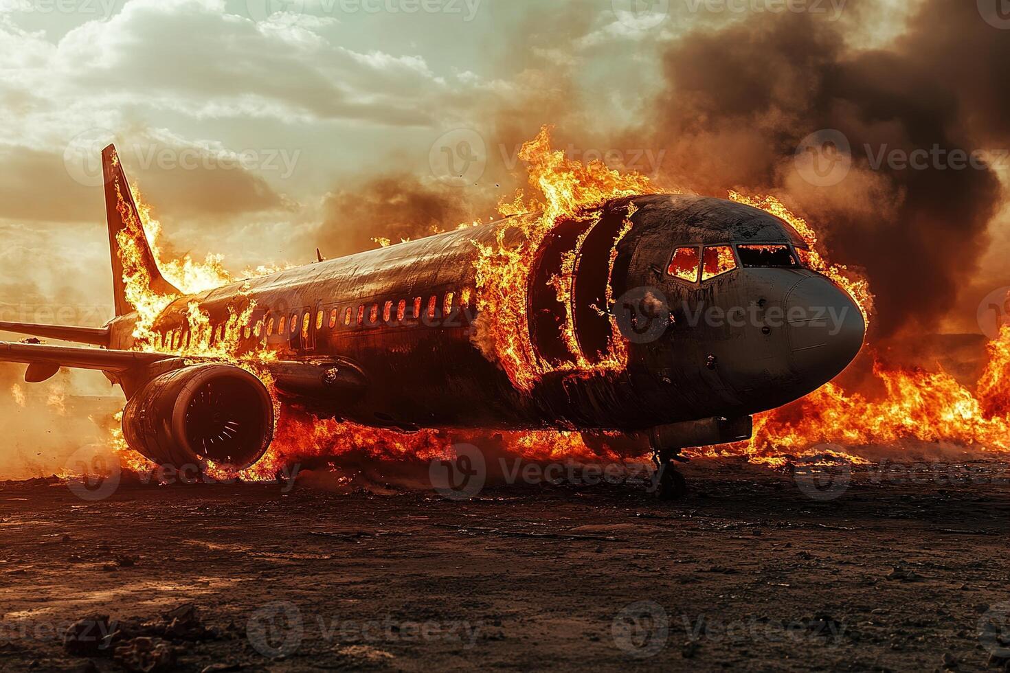 burning passenger plane with flames and smoke billowing out from it stands on the ground after an emergency landing photo