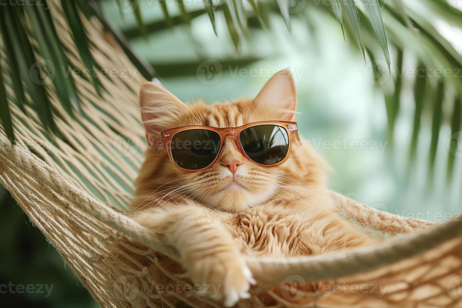 pleased red tabby cat in sunglasses relaxing in hammock with green tropical palm leaves on background, funny animal image for summer vacation, weekend, resort or hotel advertising photo