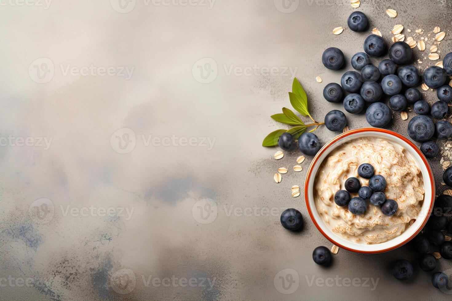 A bowl of oatmeal with blueberries and a leaf on top top view on grey concrete background photo