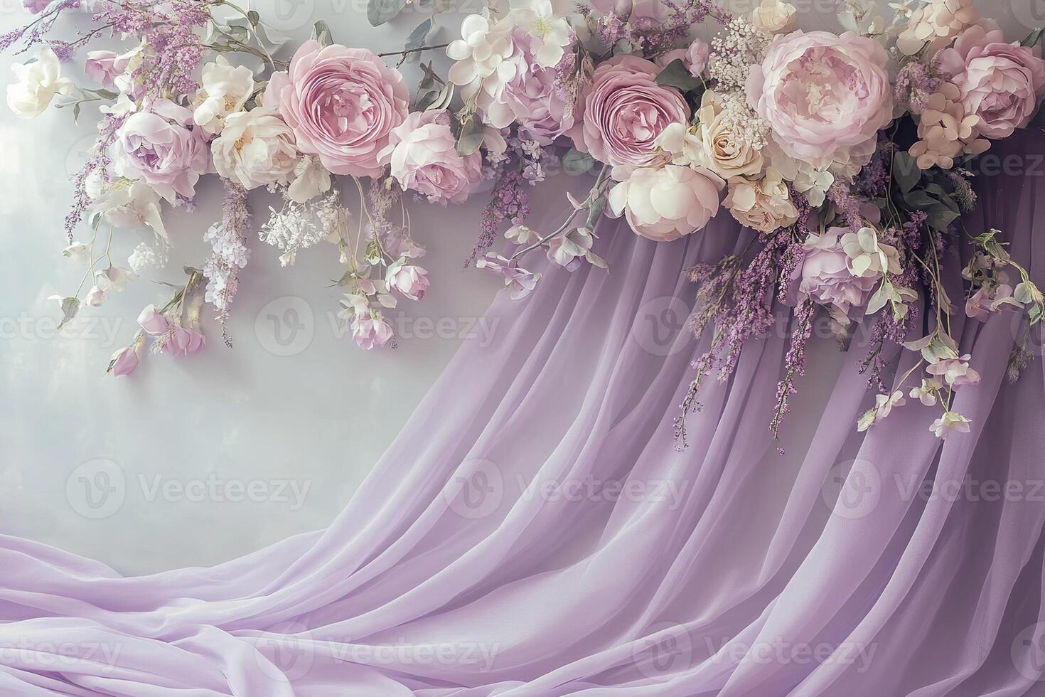 decorative photo backdrop with flowing pastel purple drapery and beautiful flowers arch. festive events, parties, and holiday design, adding warmth and elegance to visual compositions