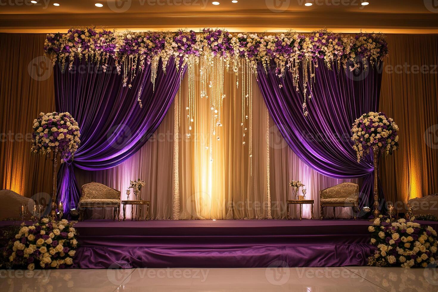 luxury stylish event background featuring flowing purple and golden curtain fabric and subtle floral accents. Perfect for romantic occasions, festive parties, and professional photo setups