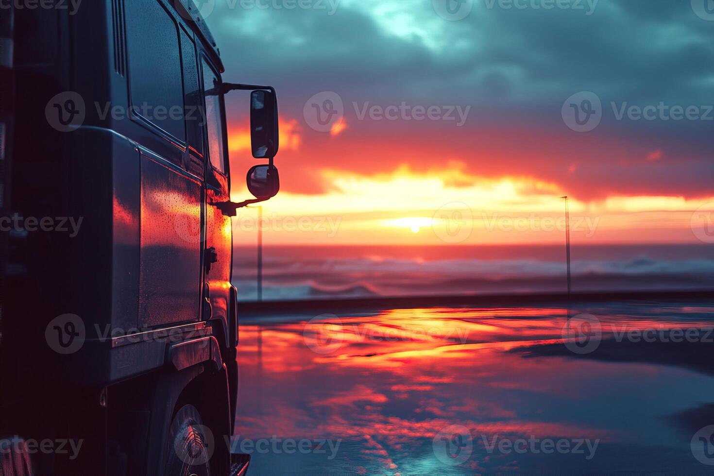 side view close up truck parked for rest in embankment parking lot against blurred background of bright beautiful sunset or sunrise over sea photo