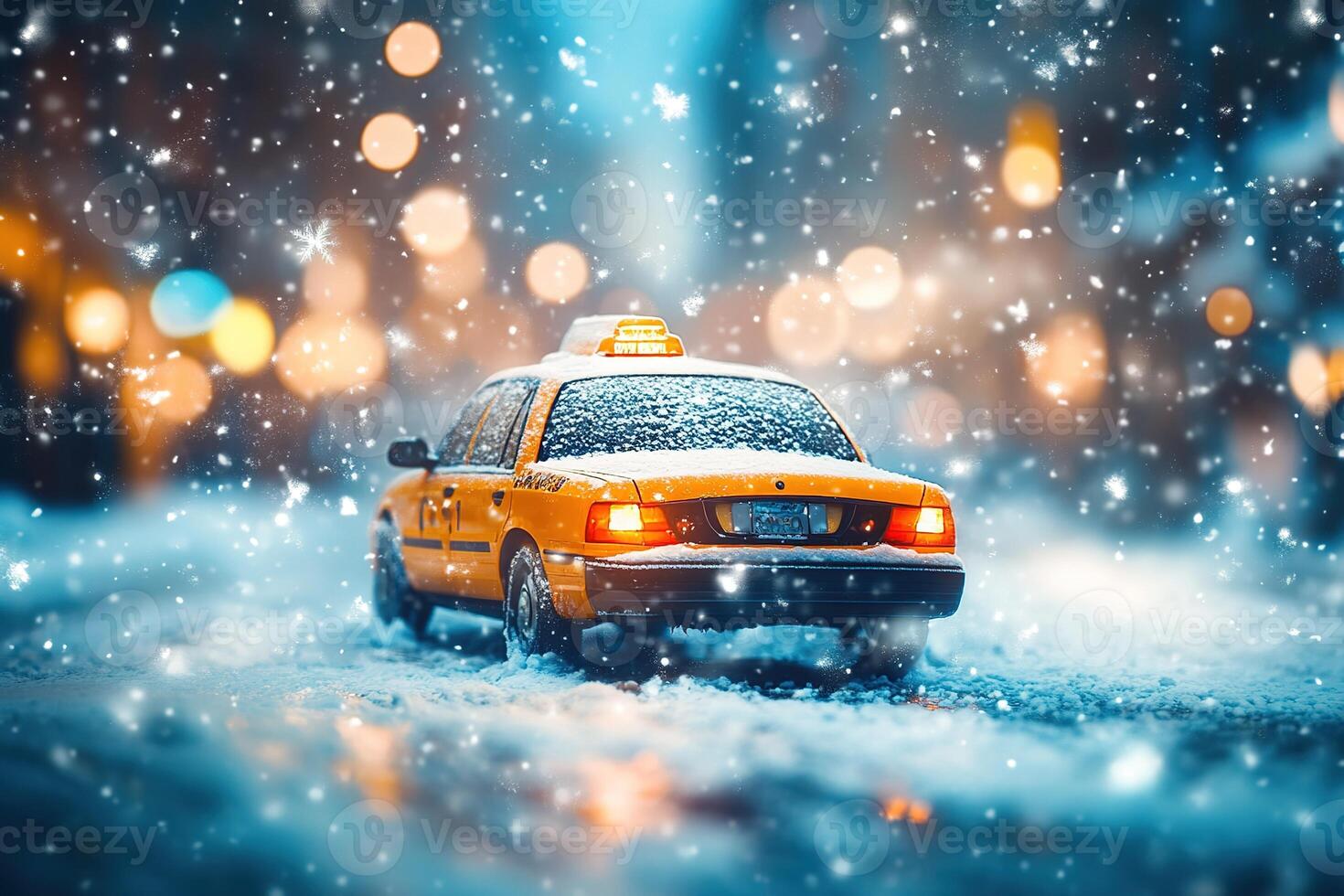 selective focus yellow taxi car driving on snowy road in snowfall, concept transport and passenger transportation in snow storm, cyclone in city, blurred background, bokeh photo