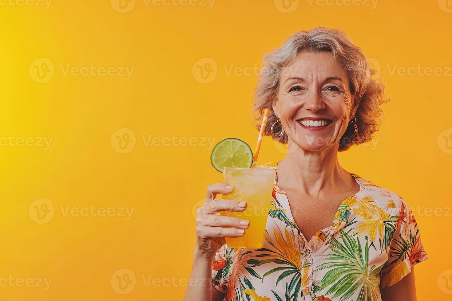 happy smiling caucasian middle aged woman in shirt with floral pattern holding glass of fresh tropical cocktail with lime slice on orange background with copy space photo