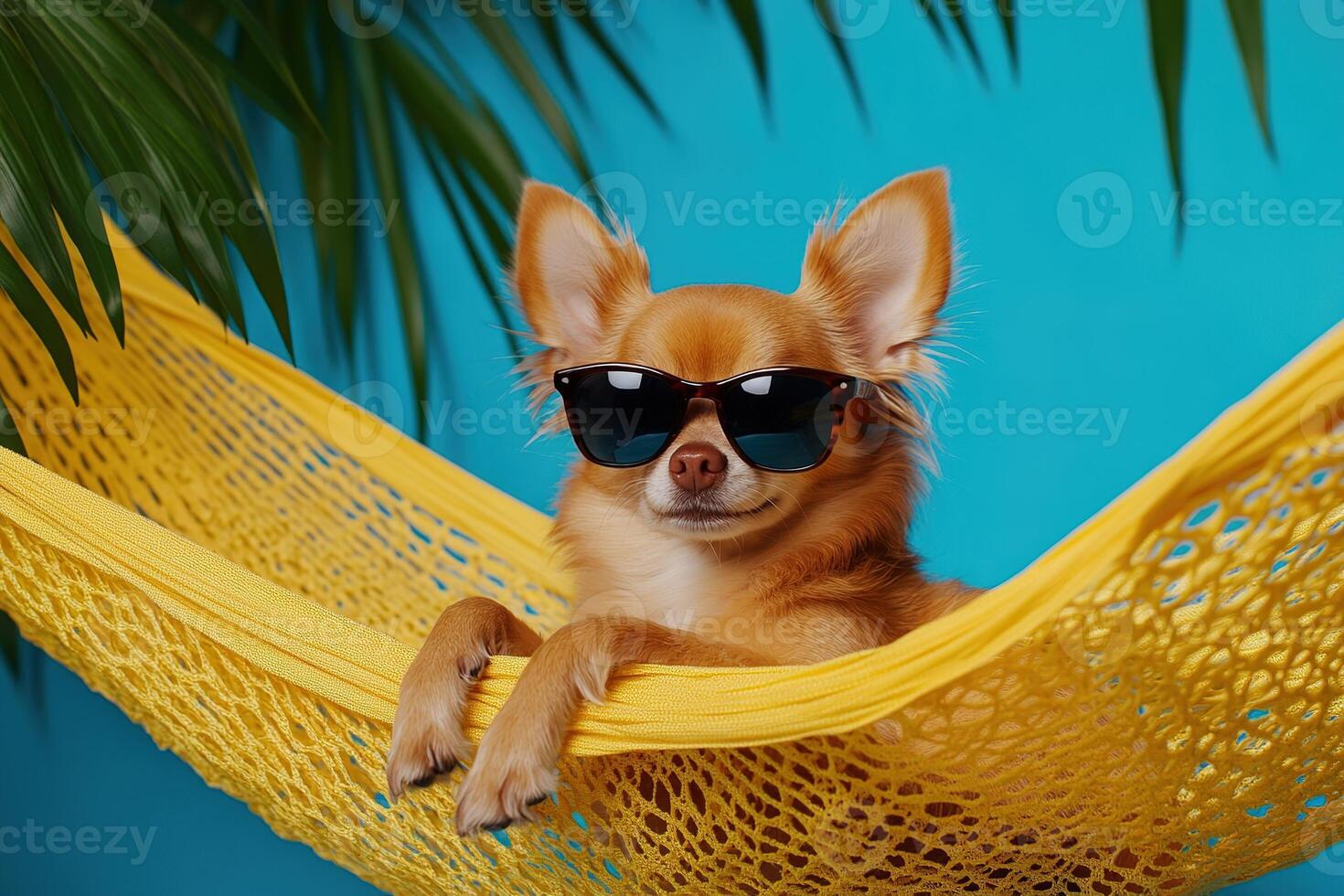 pleased chihuahua dog in sunglasses relaxing in hammock on blue background with green tropical palm leaves around, funny animal image for summer vacation, weekend, resort or hotel advertising photo