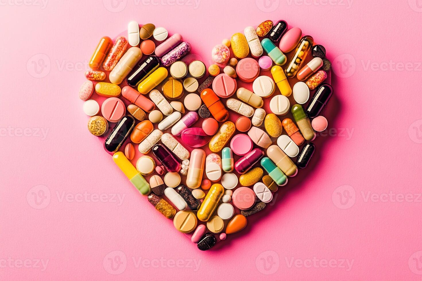 Top view colorful pills in heart shape on soft pink background. concept medicine, treatment, disease prevention, ideal for pharmaceutical advertisements, health blogs, wellness-related campaigns photo