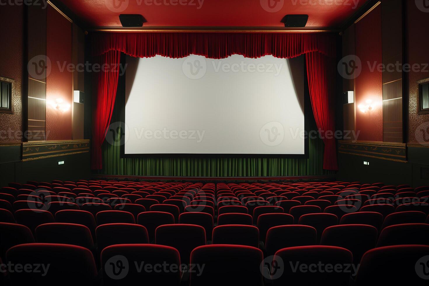 wide-angle view of cinema hall featuring blank white display screen and rows of red seats. empty theater setting offers versatile mockup for promotional materials, film presentations, creative designs photo