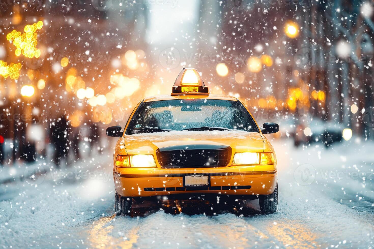 yellow taxi car driving on snowy road at night with snowfall with blurred bokeh background photo