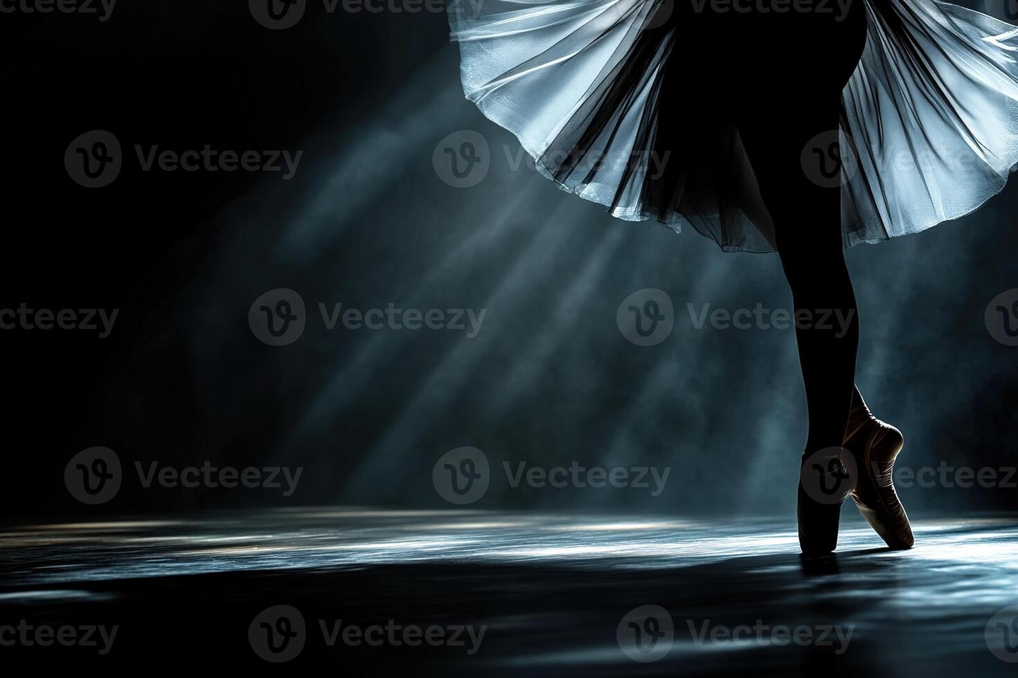 Artistic photography ballet dancer's silhouette in motion, with delicate costume details highlighted by dramatic contrast light on dark background with copy space photo