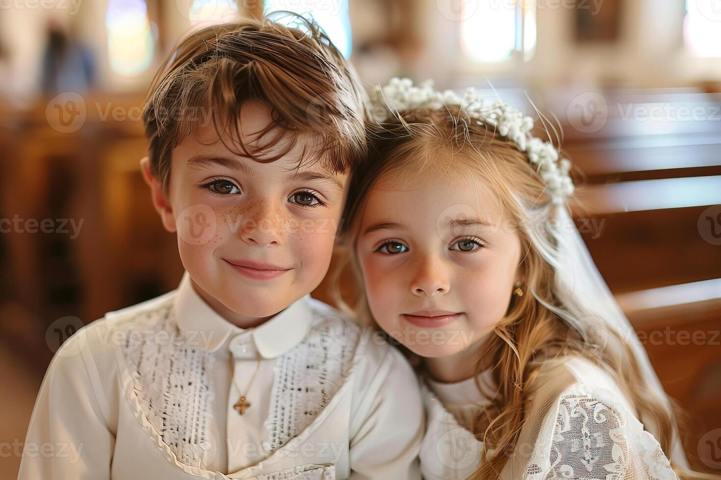 two children participating in First Communion ceremony, highlighted by soft lighting and sacred surroundings. Perfect for religious articles, family albums, and ceremonial publications photo