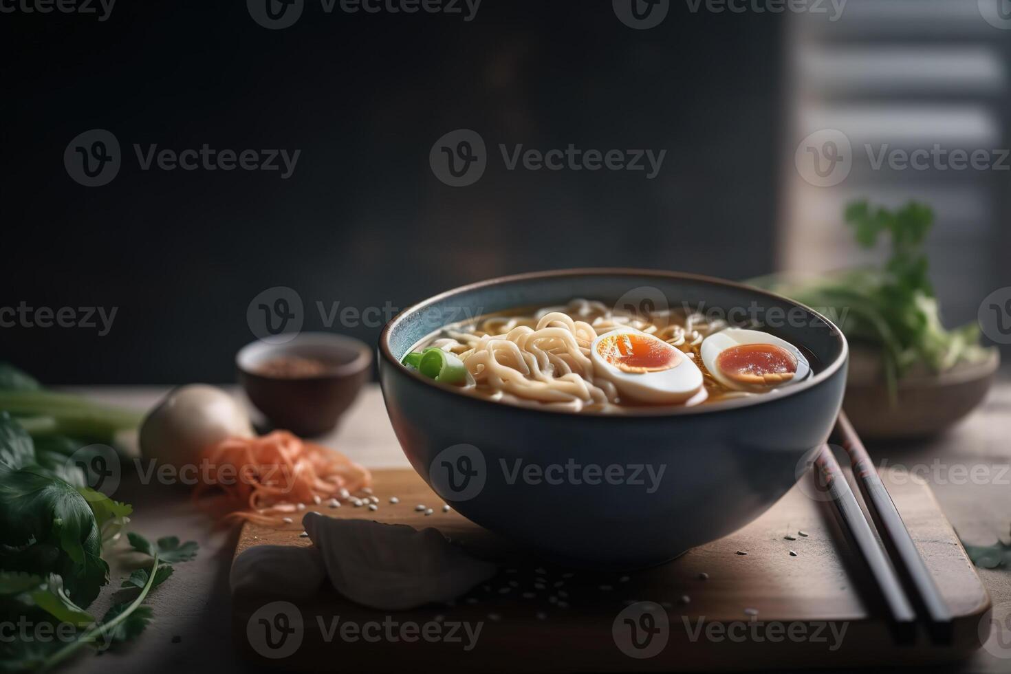 A bowl of ramen noodles with eggs and carrots photo