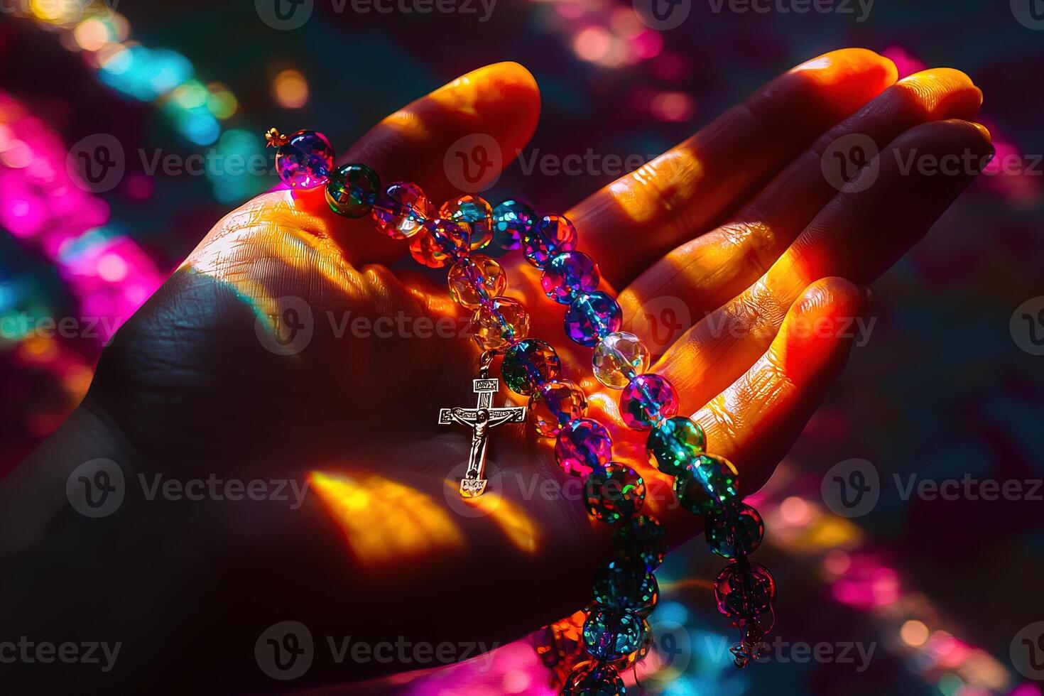 Photo of a hand holding a brightly colored rosary in close-up, with vivid light illuminating the beads and casting shadows for a dynamic, faith-inspired image