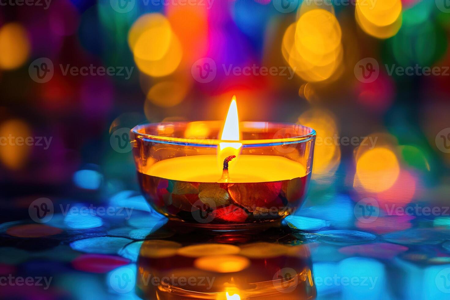 brightly lit candle in close-up, with warm light illuminating flame and casting reflections on shiny surface with blurred bokeh background, symbolizing prayer and faith in vibrant setting photo