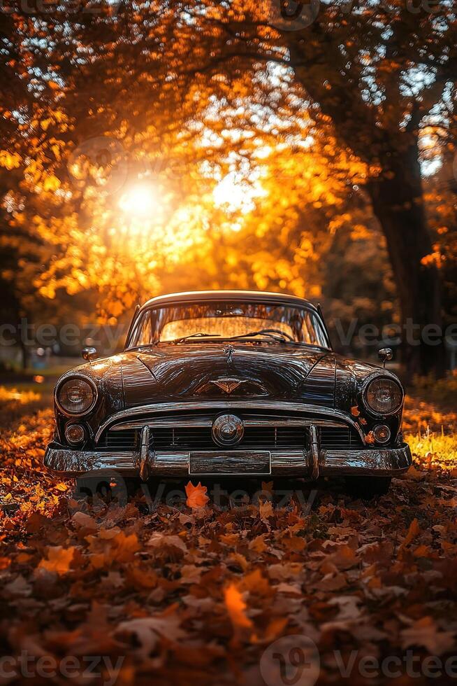 vertical image vintage car surrounded by autumn leaves, warm sunlight filtering through the trees photo
