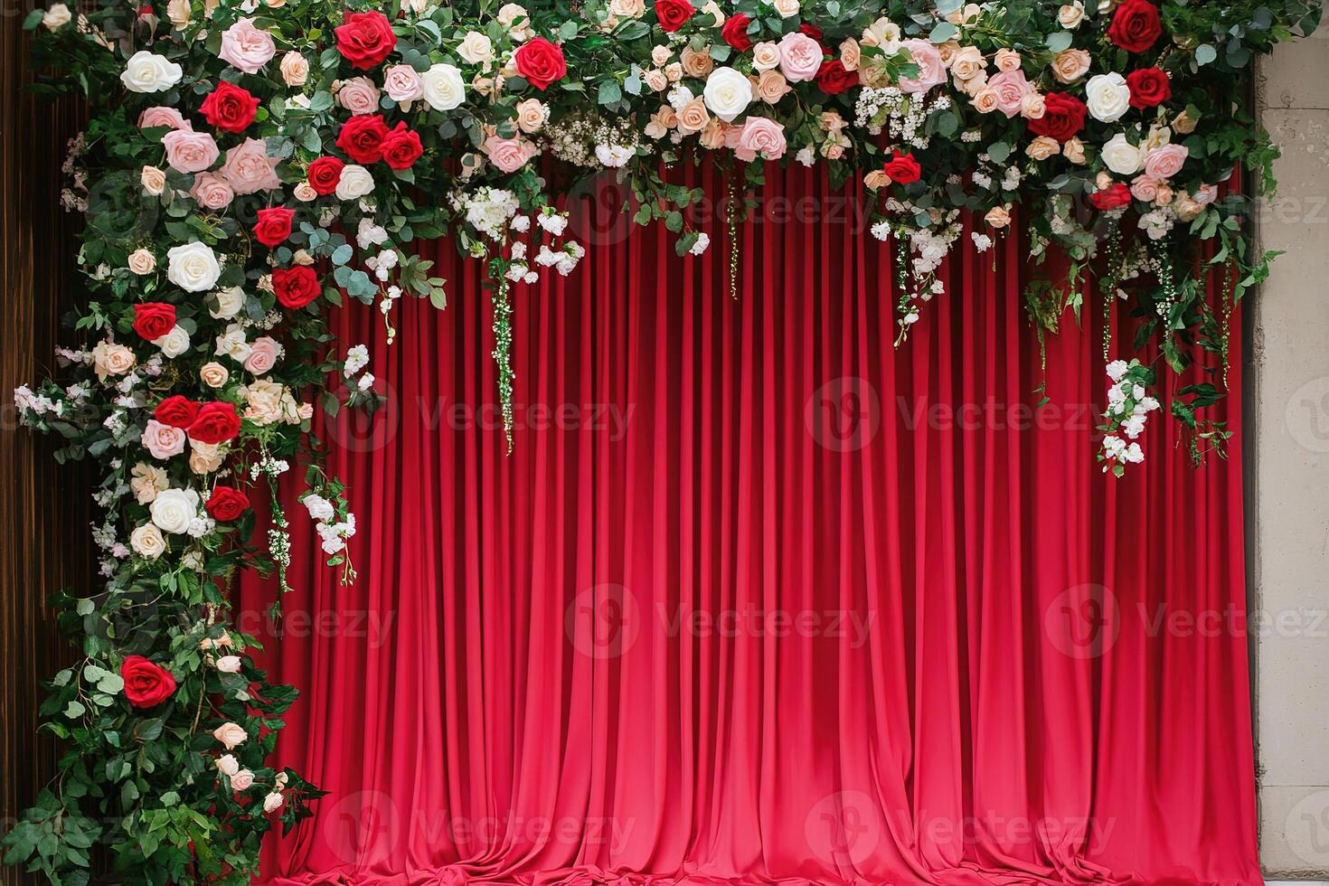 Elegant photo background featuring rich red curtain surrounded by delicate flowers frame. backdrop for wedding, birthday, or festive celebration design creating romantic and joyful atmosphere