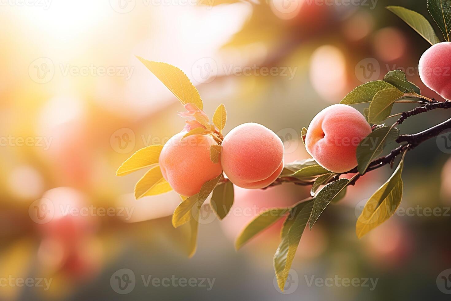 close-up of fruit tree branch with ripe juicy peaches on blurred bokeh background in orchard photo