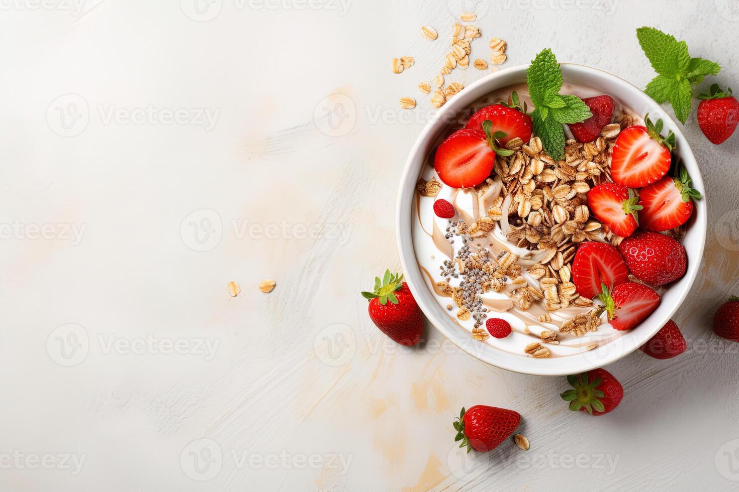 top view delicious healthy breakfast bowl of granola with yogurt and ripe strawberries on light concrete background with copy space photo