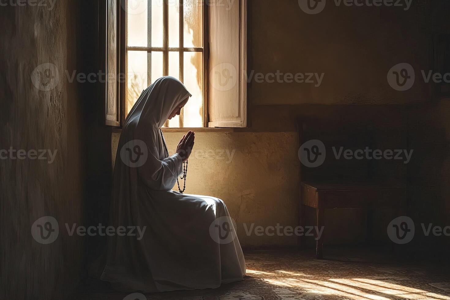 nun immersed in silent prayer within humble, sparsely decorated room. Warm sunlight streams through small window, purity, calm, and spiritual depth of setting photo