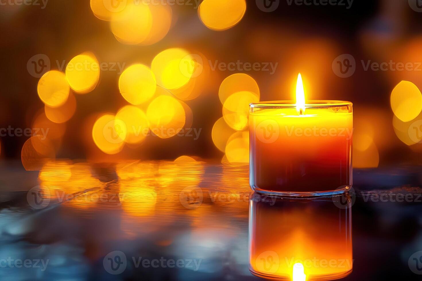 Close-up brightly lit candle, warm flame gently illuminating surrounding space. shiny surface reflects soft glow, serene contemplative atmosphere, themes of prayer, faith, spiritual reflection photo