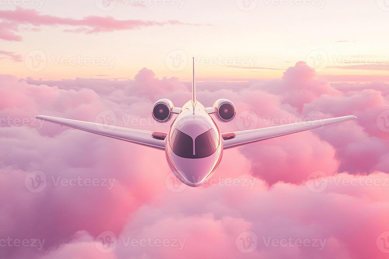 close-up of modern airplane flying over pastel pink fluffy clouds at dawn photo