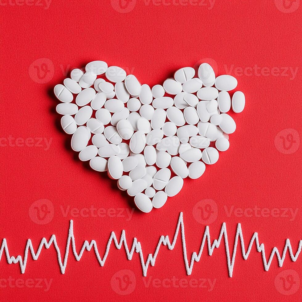 Top view white pills in shape of heart on red background with visible cardiogram line. concept medicine, healthcare, and prevention of heart disease, heart attack photo