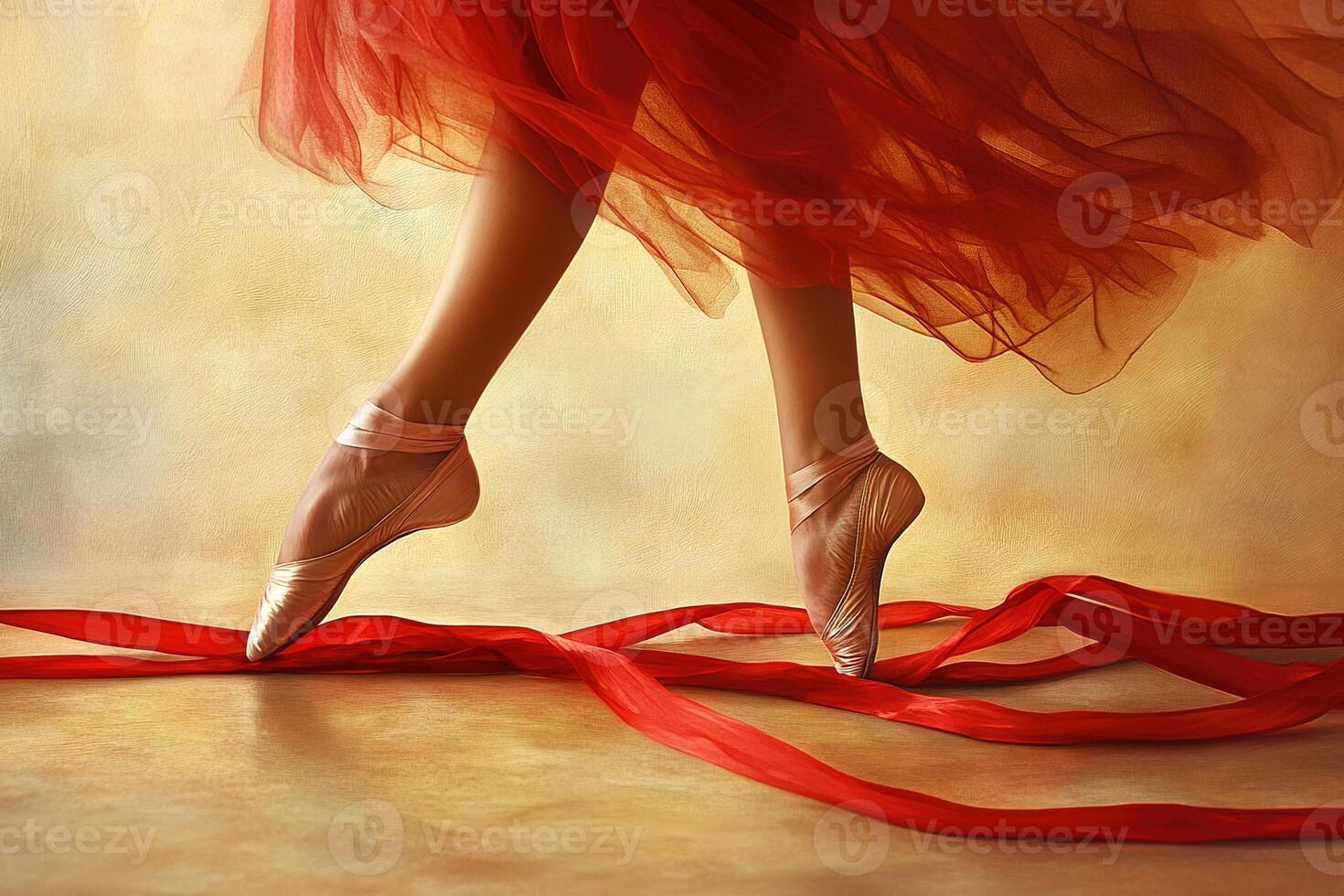 side view close-up photography ballerinas feet and ankles in pointe shoes and red dress mid movement photo