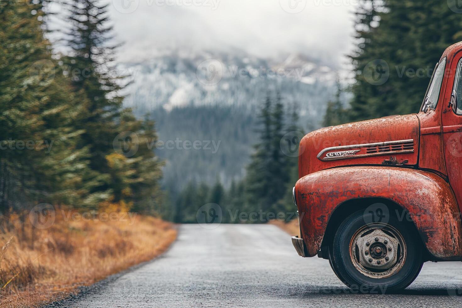 closeup side view red truck on road with fir forest on background photo
