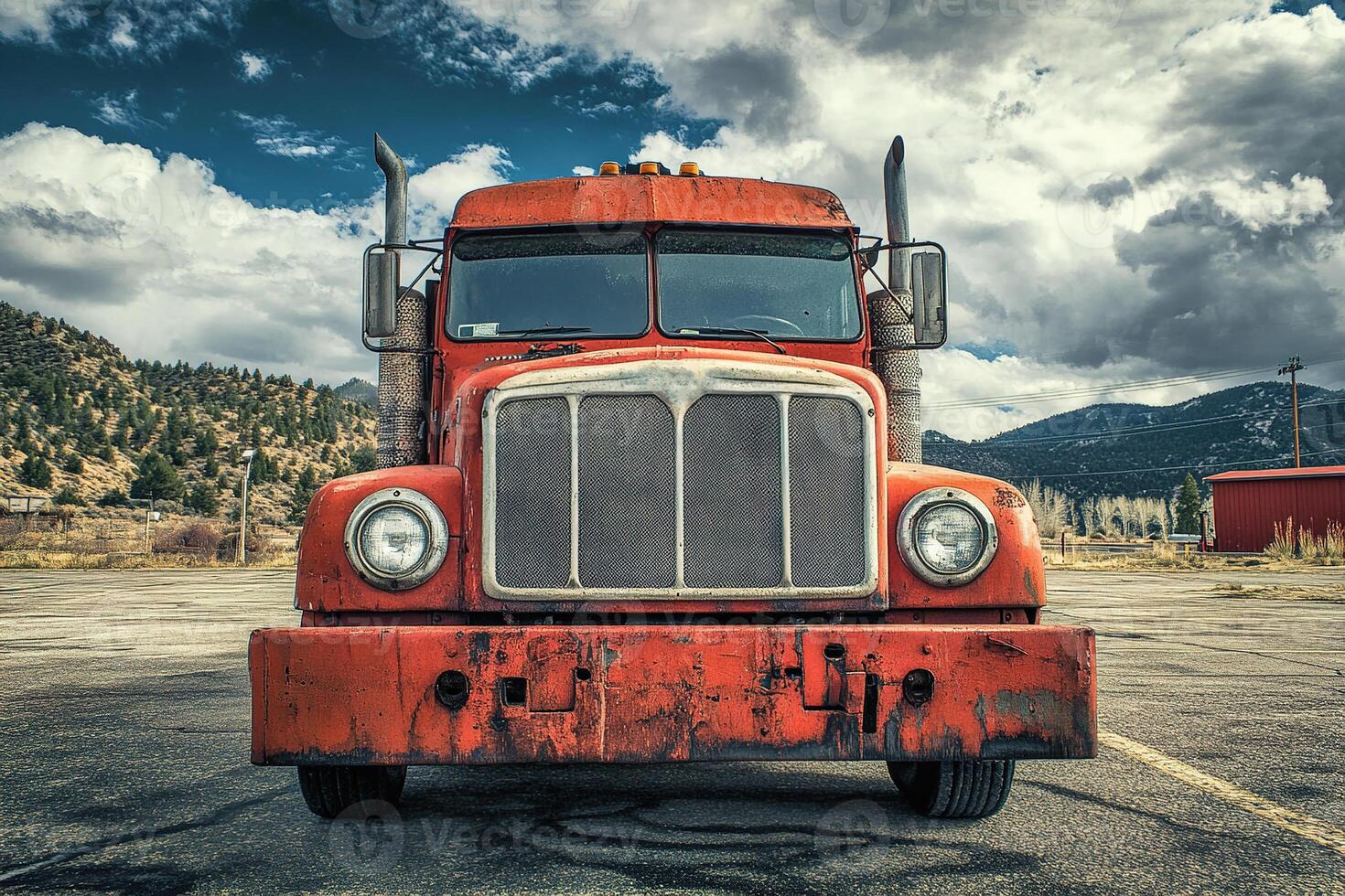 close-up front view of old rusty red truck parked at truck stop in mountains photo