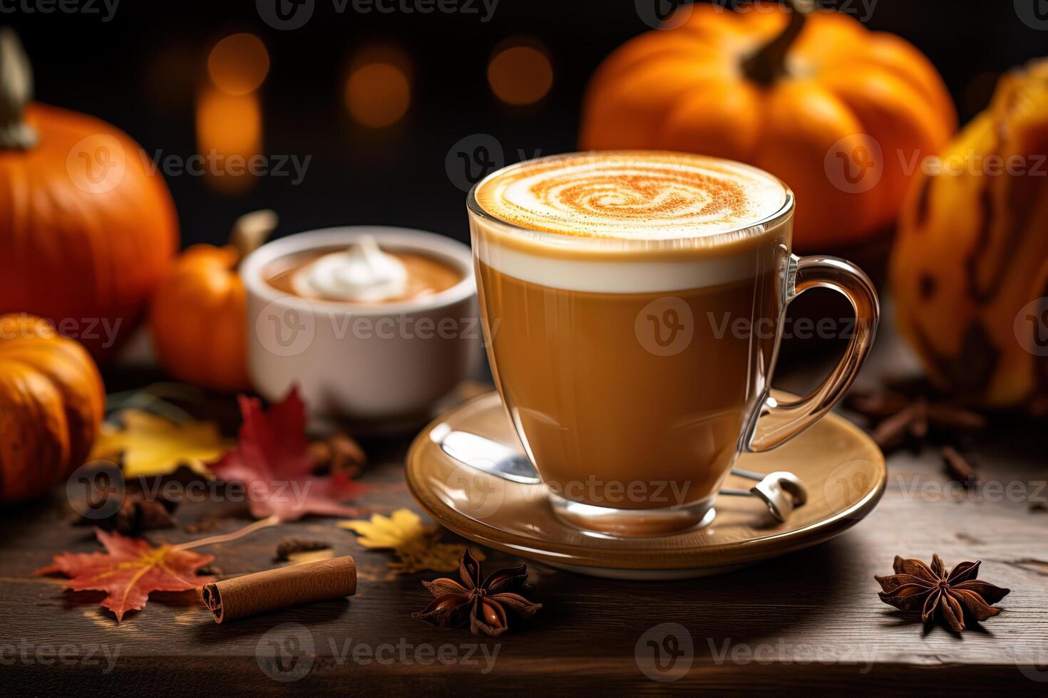 close up of clear cup of pumpkin spice latte with whipped cream and cinnamon on dark wooden table surrounded by autumn leaves photo