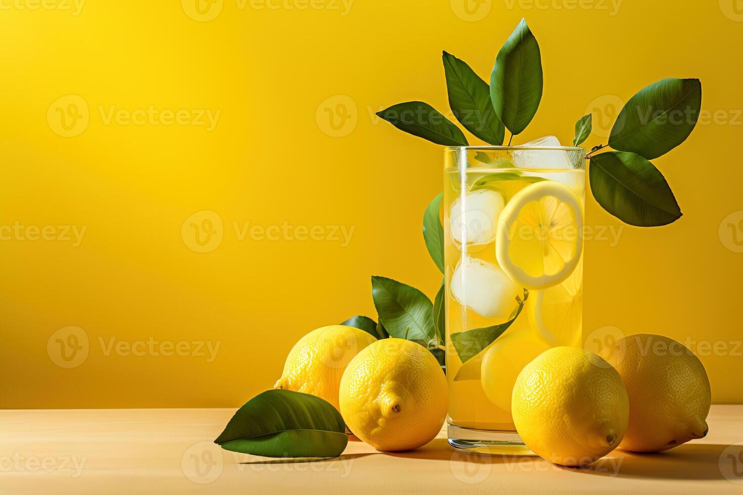 close-up of a glass of refreshing lemonade with ice, lemons and leaves around, on a bright yellow background with copy space photo