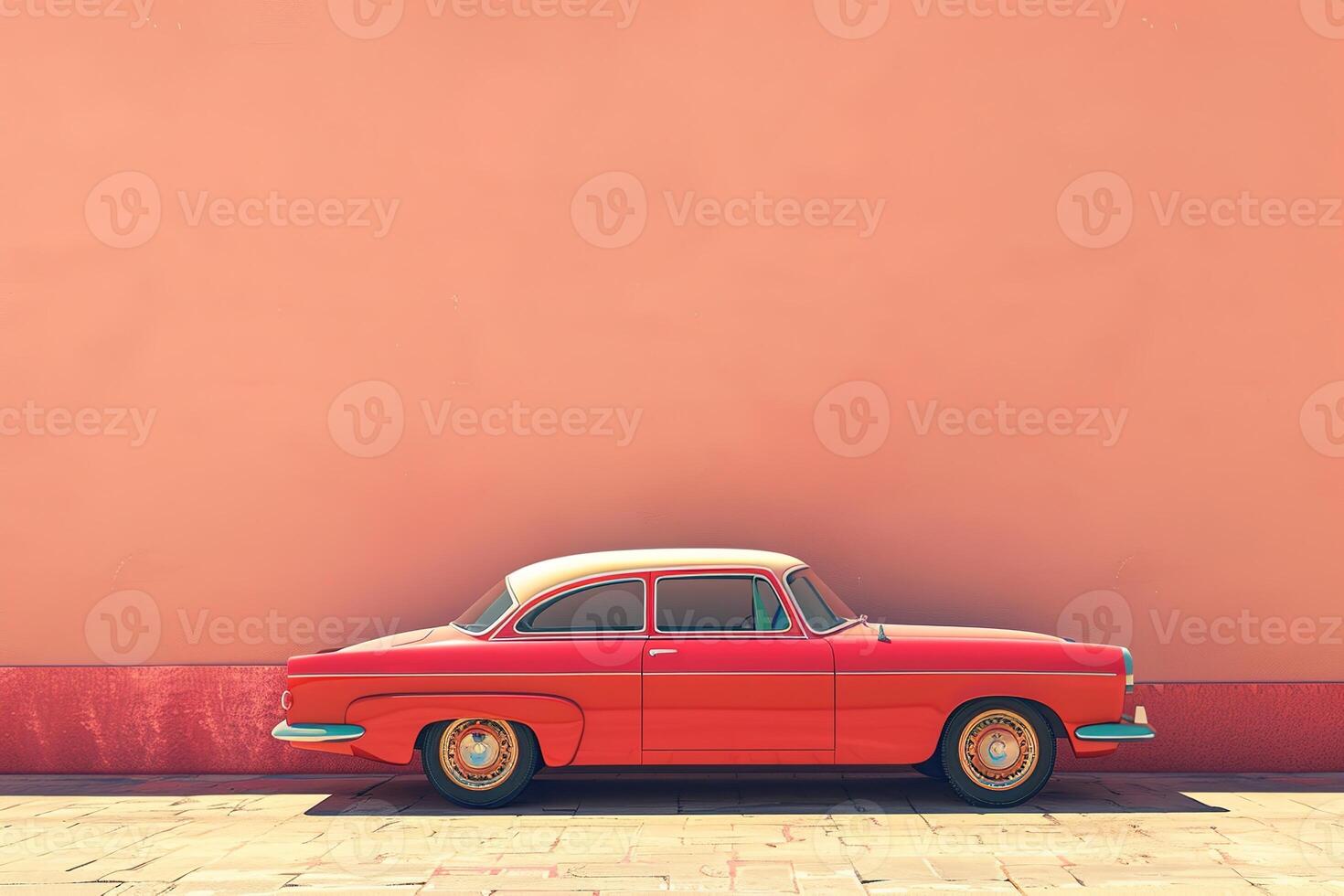 stylish image of parked classic red retro car parked near pink wall on sunny day with copy space photo