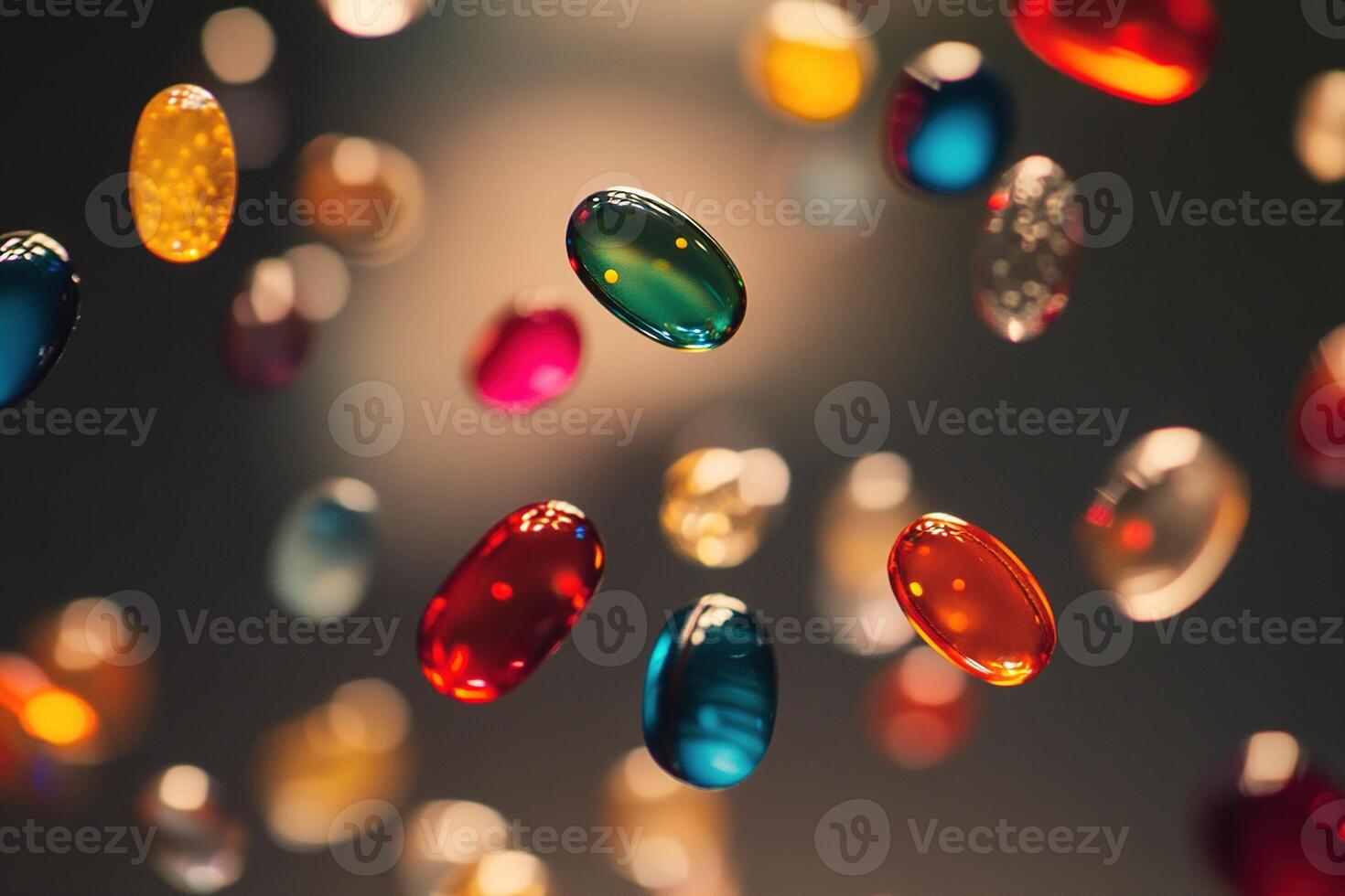 Close-up various colorful medical pills and capsules levitating against neutral background, symbolizing modern healthcare, pharmaceutical innovation, disease prevention photo