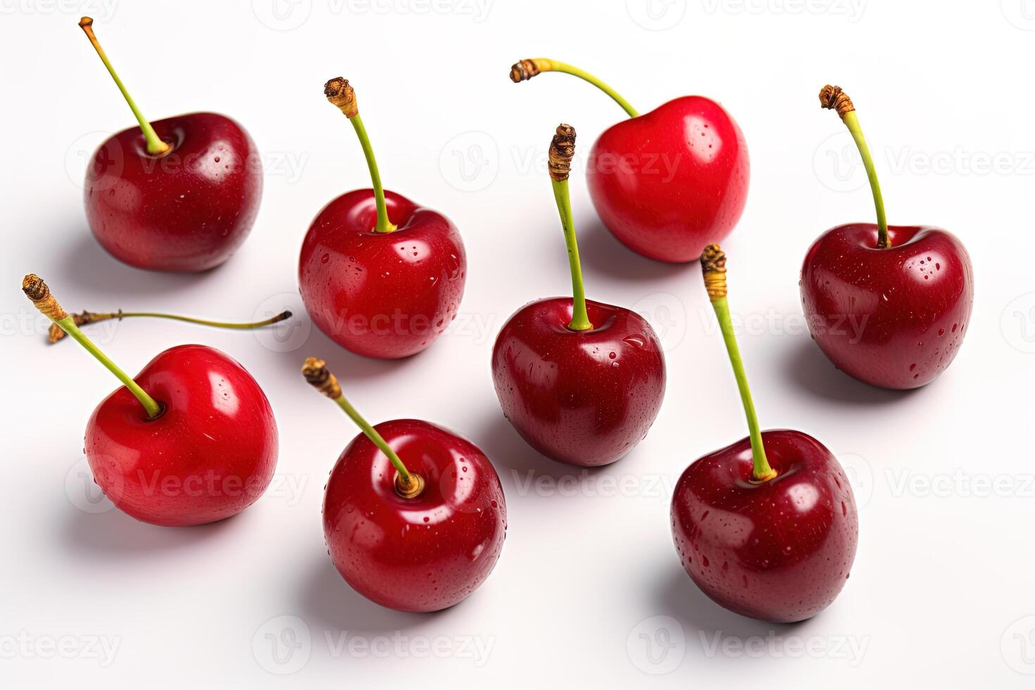 top view several ripe sweet red cherries scattered on white table photo