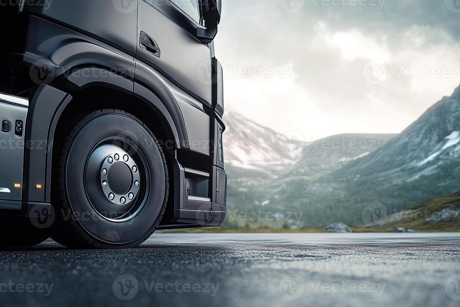 Closeup modern truck parked in a parking lot in a mountainous area, blurred background, cloudy day, cargo transportation concept with copy space photo