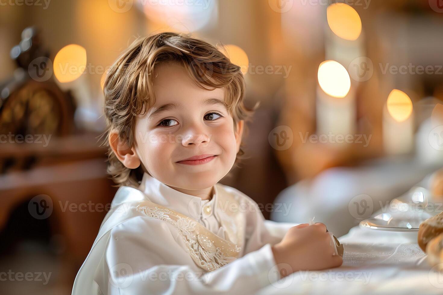 Emotive image of boy participating in his First Communion, surrounded by sacred church interiors and warm light. Ideal for religious content, family events, and inspirational projects photo