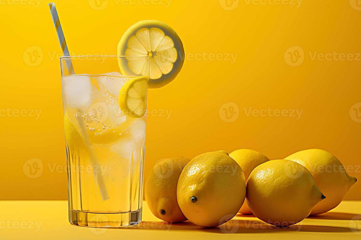 A glass of lemonade with a straw and a lemon slice on top on bright yellow background photo