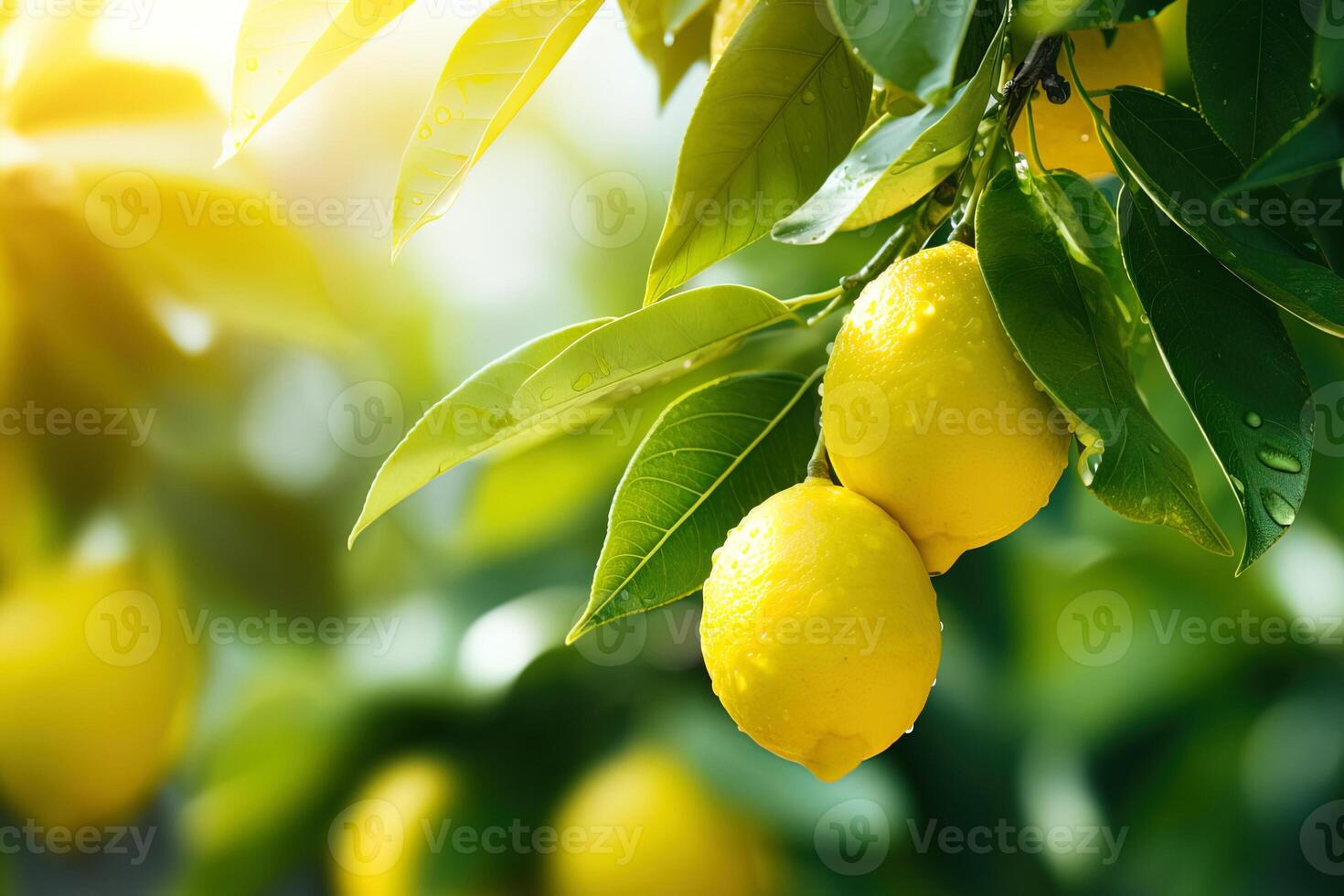 close-up of fruit tree branch with ripe juicy lemons covered with water drops on blurred bokeh background at citrus plantation photo
