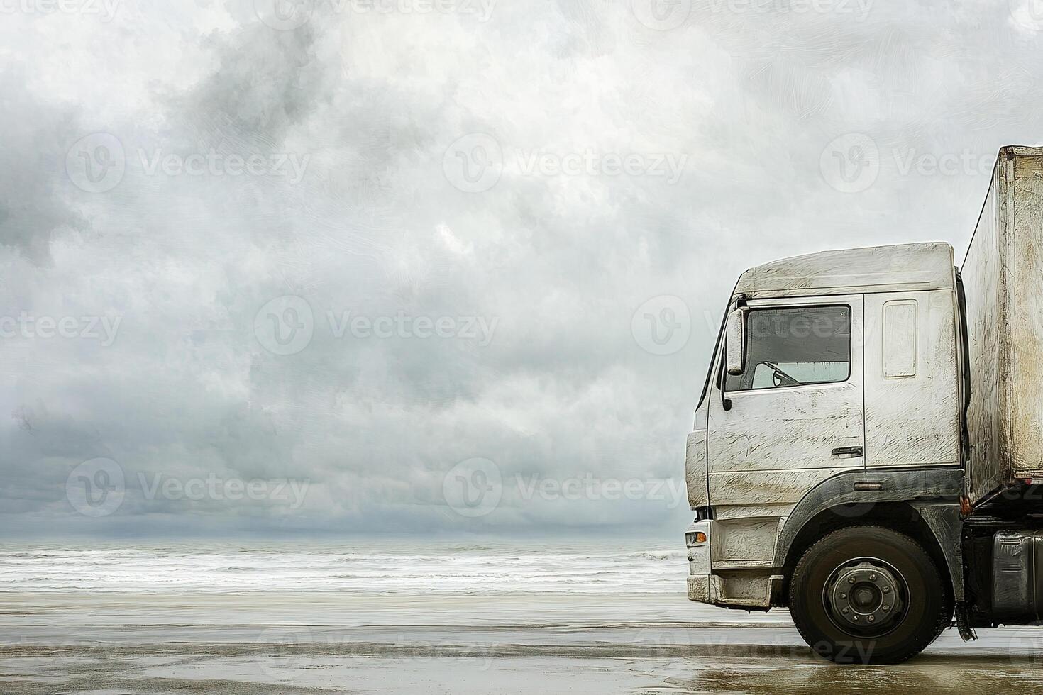 side view close up old dirty cabin of white truck parked on seashore or lake shore on cloudy rainy day photo
