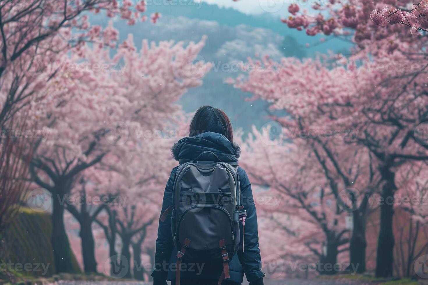 back view woman in jacket and with backpack standing in spring park among blooming trees with pink cherry blossoms photo