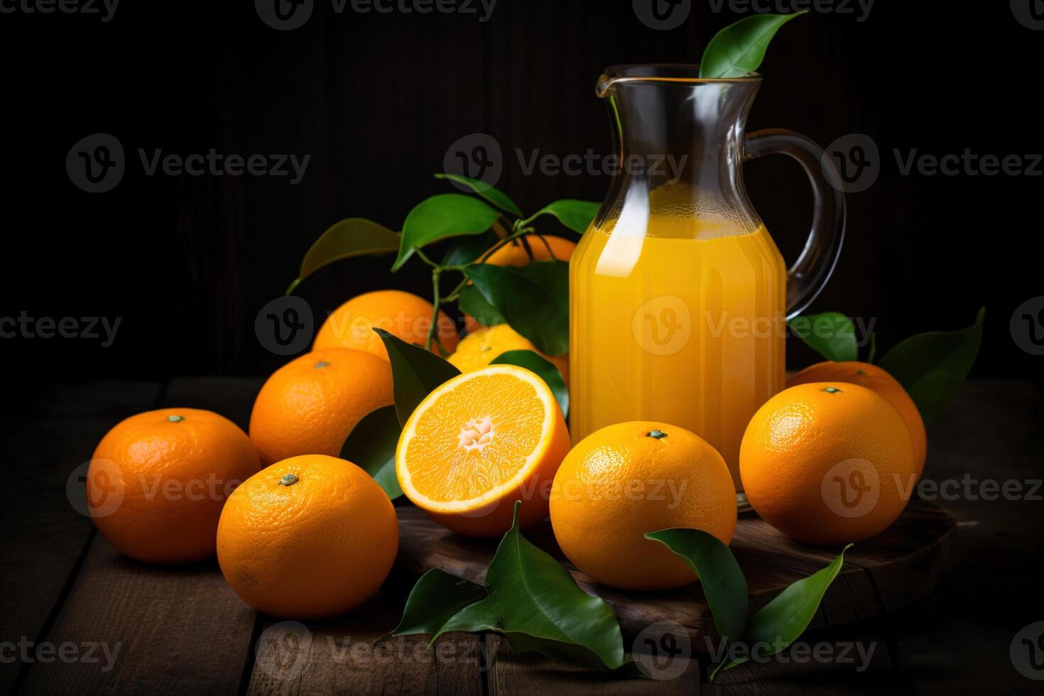 close up of a jug of fresh orange juice with ripe oranges and leaves around it stands on a wooden table photo in a dark key