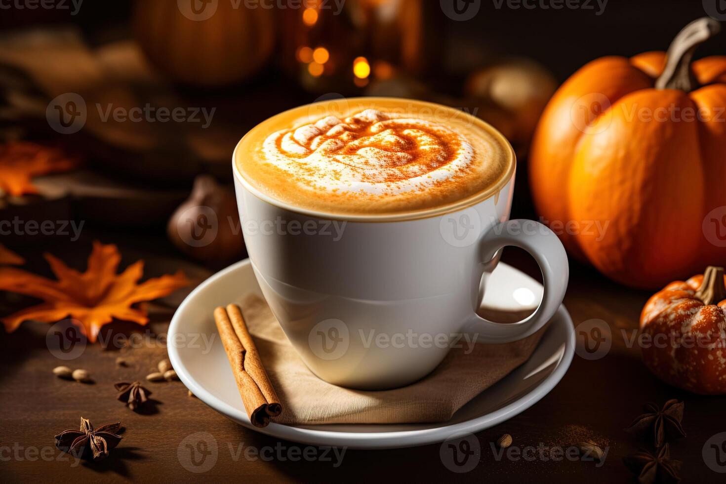 close-up white coffee cup with cinnamon stick and pumpkin on wooden table photo