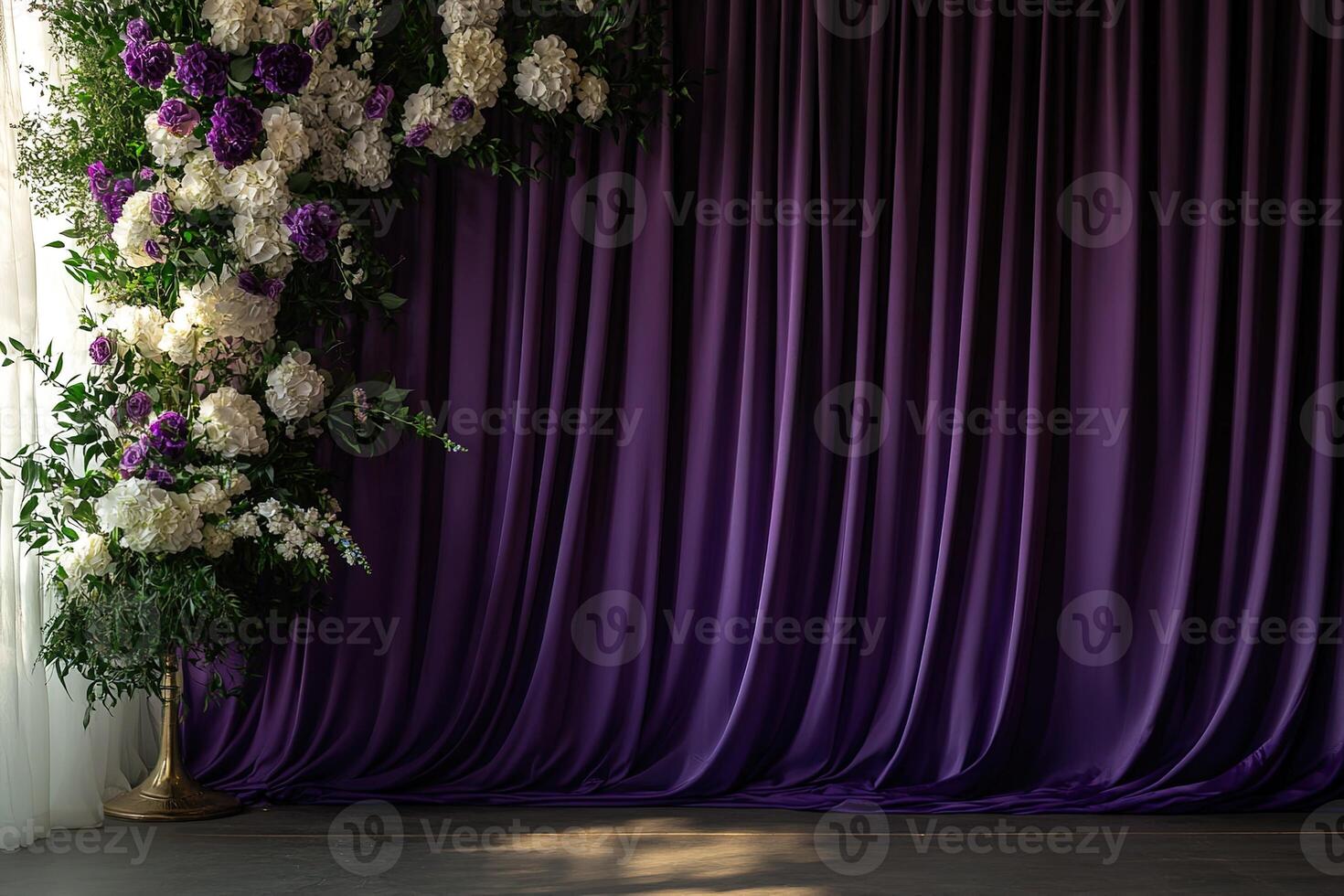 Charming event background with deep violet curtain and white gentle floral accents. design with copy space for weddings, anniversaries, and celebratory, offering sophisticated, lush setting photo