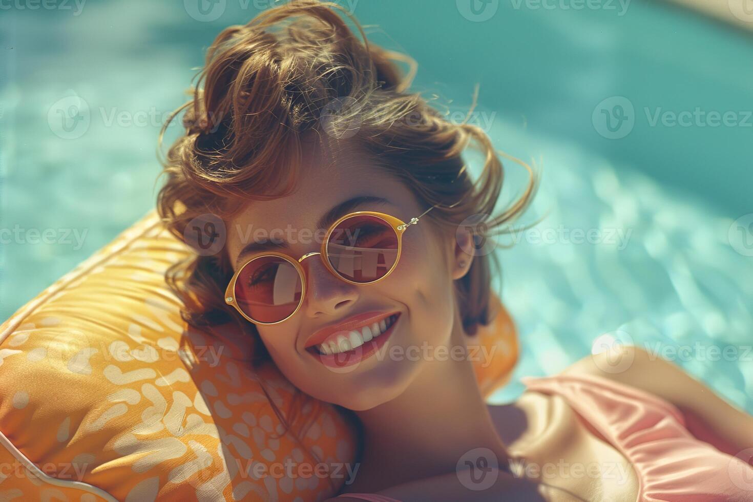 A woman wearing sunglasses and a pink swimsuit is smiling in swimming pool photo