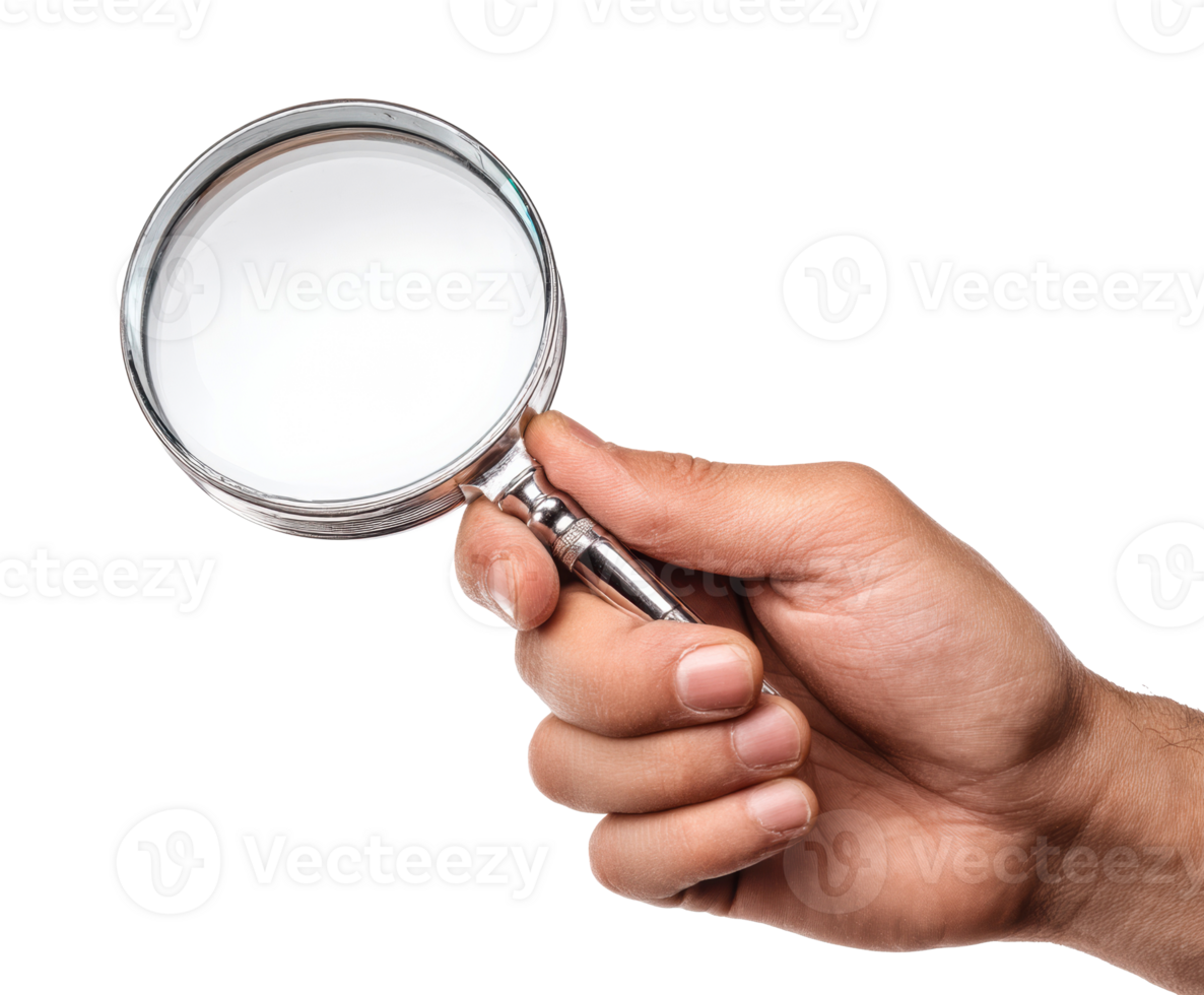 Hand holding a magnifying glass for investigation or study png