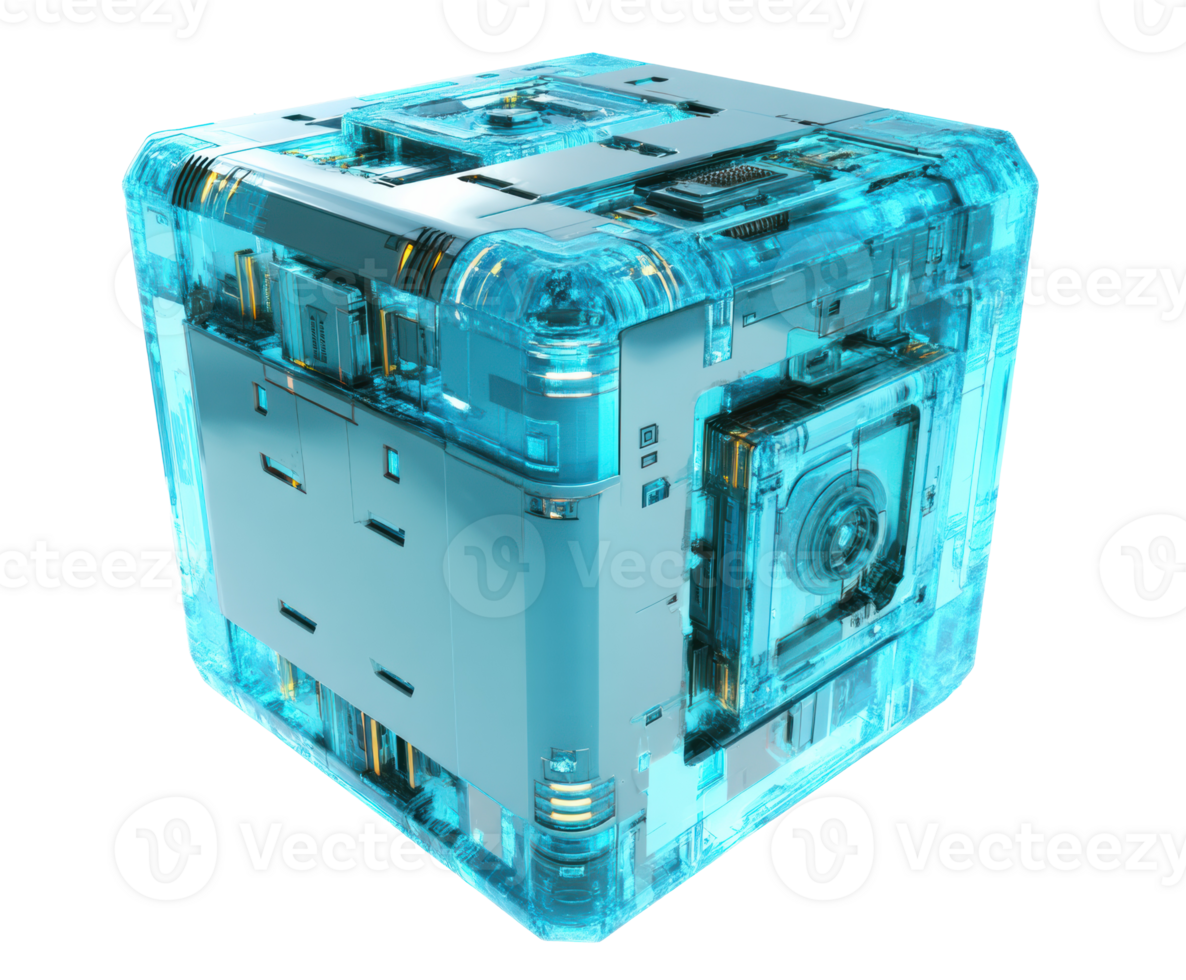 Futuristic transparent cube with glowing blue accents and technology png