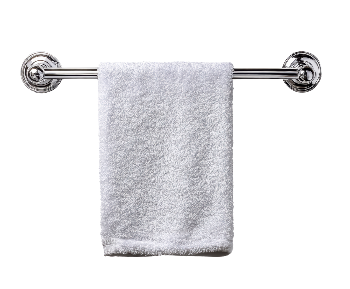 Soft white towel hanging from a chrome bar in a modern bathroom png